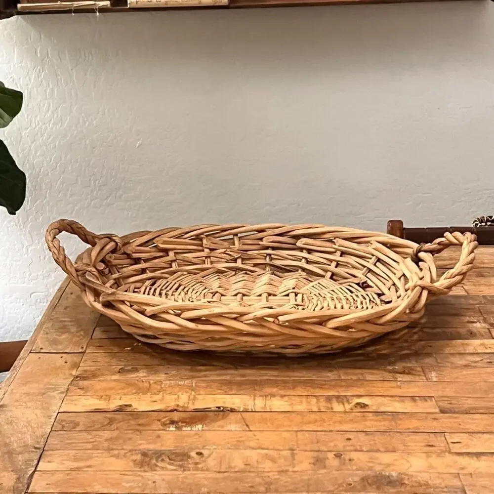 Rattan Woven Wicker Oval Basket With Handles Farmhouse Cottage